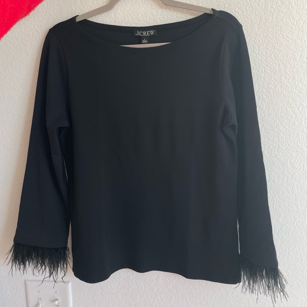 NWT J.Crew Feather Trim Black Long Sleeve Top
